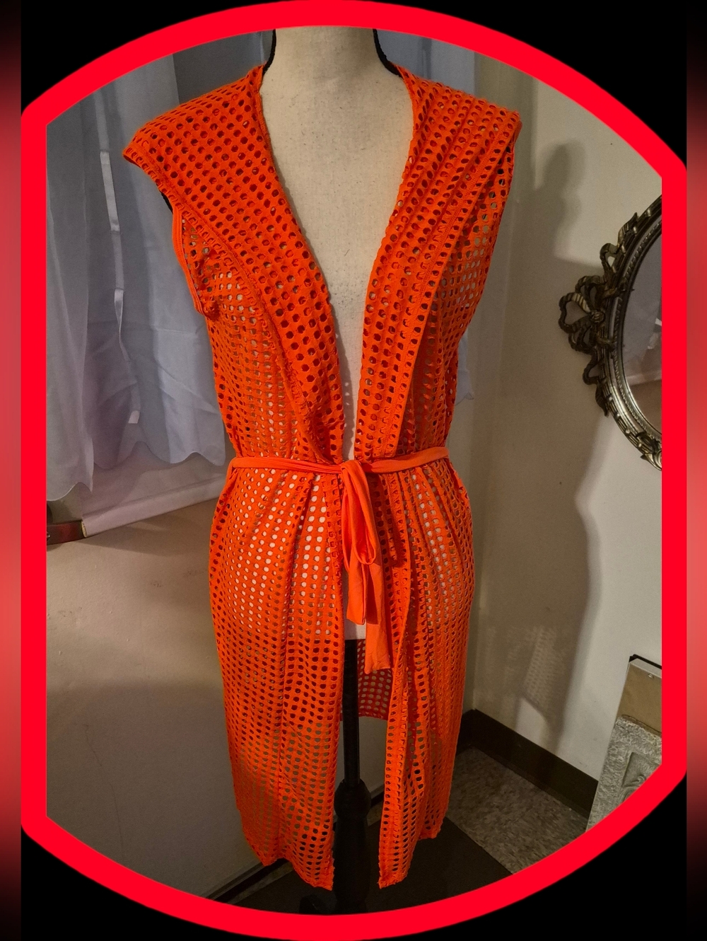 WOXUAN Neon Orange Open Front Eyelet Mesh Hooded Beach  Coverup/Duster & Belt